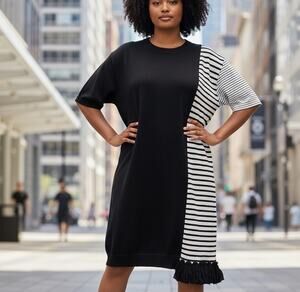Clu Blue Stripe Shift Dress SIZE 2X Work Short Sleeve Asymmetric Designer $400